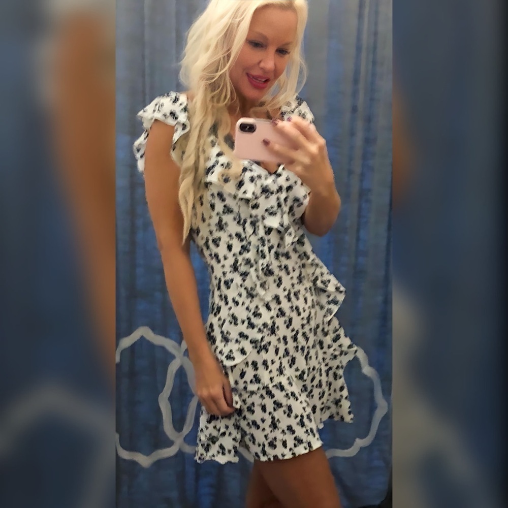 NEW! White Ruffle Dress with Black Floral print- V Neck!